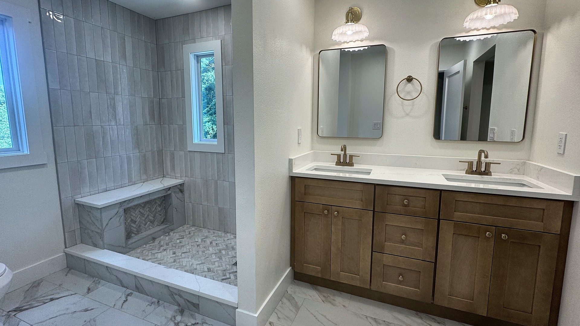Primary bathroom renovation with walk-in shower and double vanity, New Port Richey, FL
